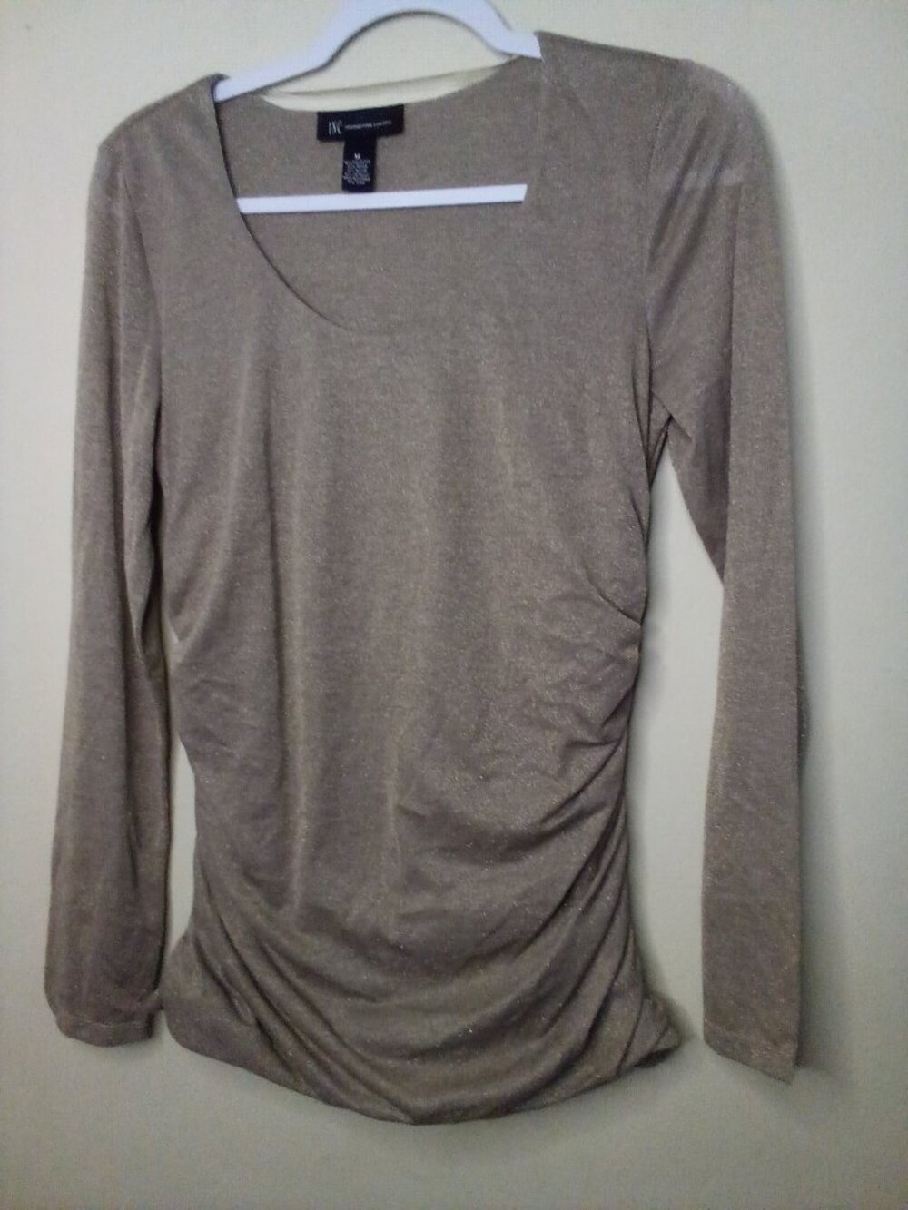 INC International Concepts Blouse Women M Long Sleeve Side Gathers Sparkle Gold